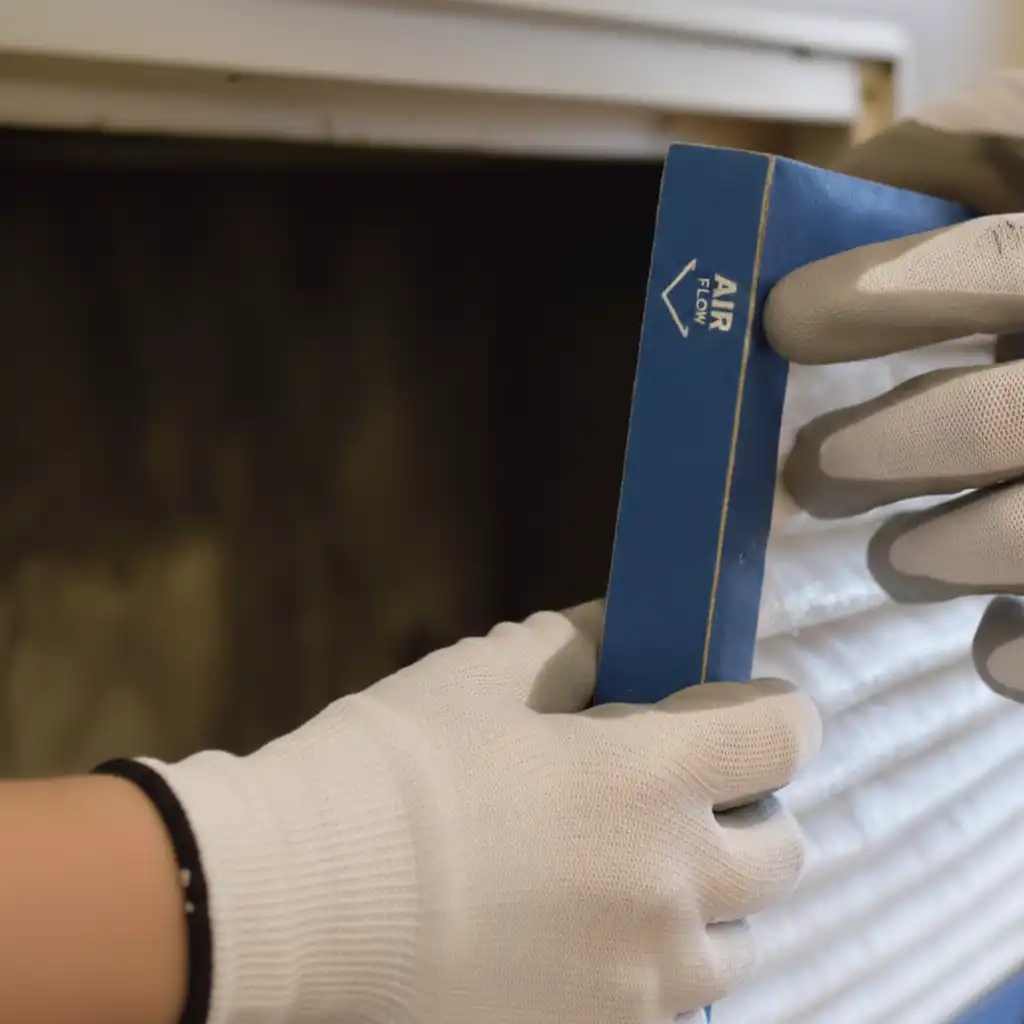Close-up of a person wearing gloves installing a pleated HVAC air filter into a return vent, showing the airflow arrow on the filter frame pointing toward the HVAC unit.