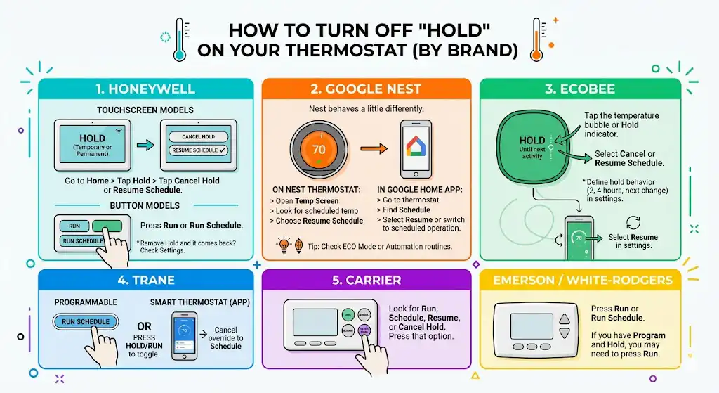 How to turn off Hold on your thermostat (by brand)