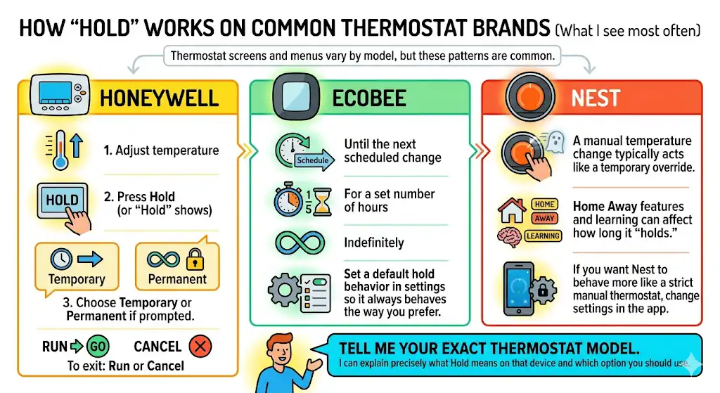 How Hold Works on Common Thermostat Brands (What I see most often)