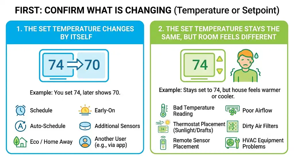 First: confirm what is changing (temperature or setpoint)