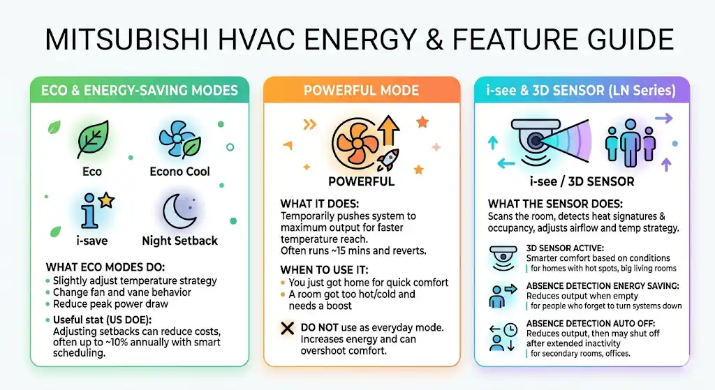 Eco and energy-saving symbols (Eco, Econo Cool, i-save, Night Setback)
