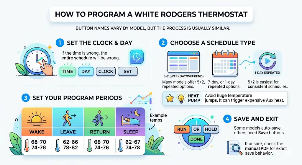 How to program a White Rodgers thermostat (step by step)