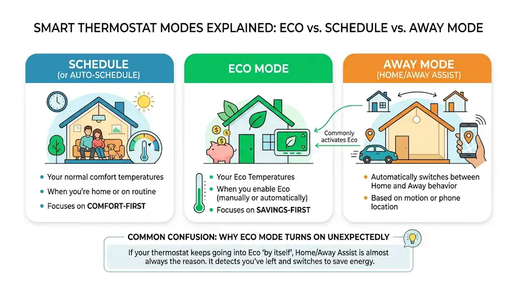 Eco Mode vs Schedule vs Away mode (people mix these up)