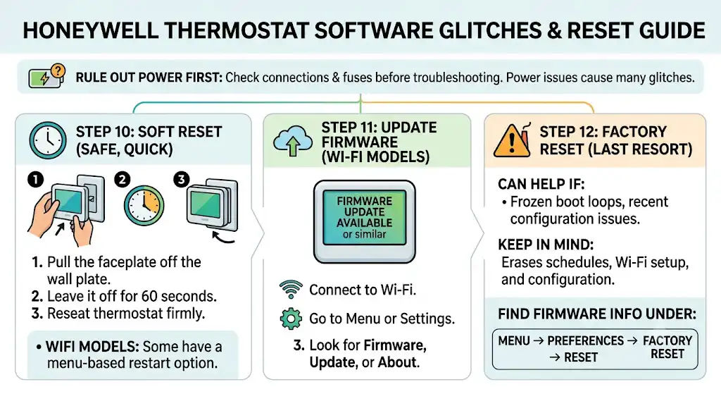 Software glitches and reset options (especially on smart Honeywell models)