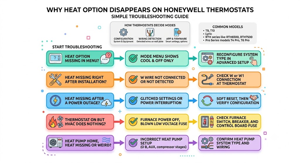 Why the Heat option disappears on Honeywell thermostats