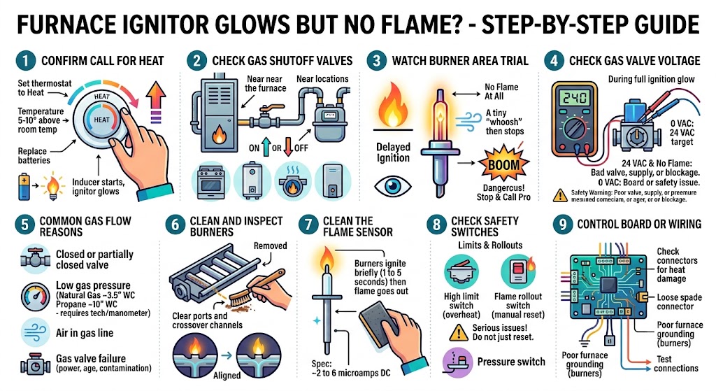 Step by step: Furnace ignitor lights but no flame