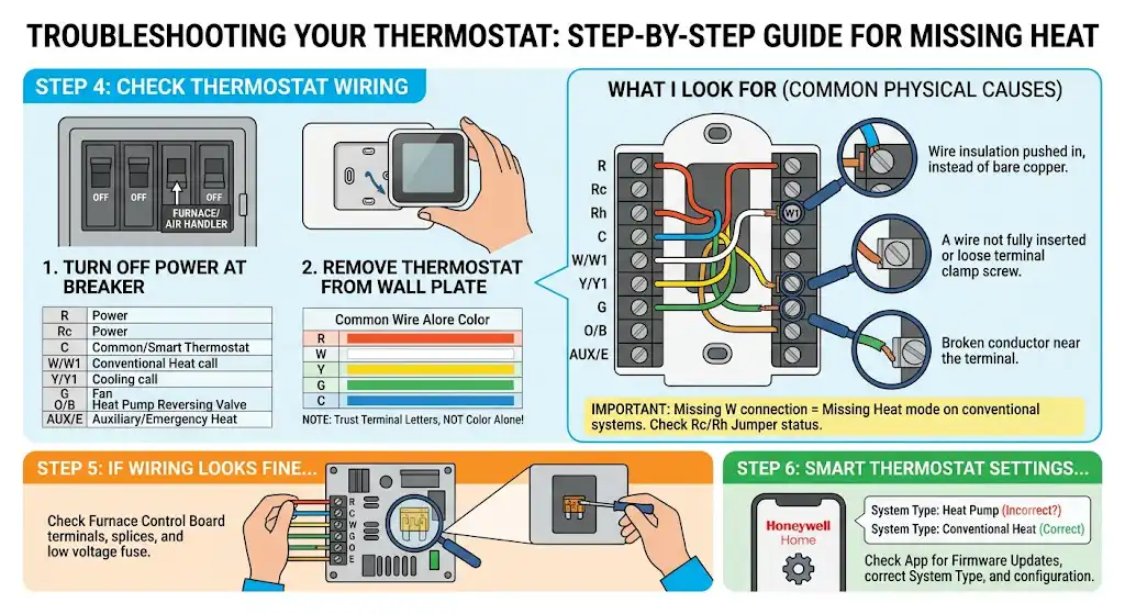Step 4: Check thermostat wiring (most common physical cause)