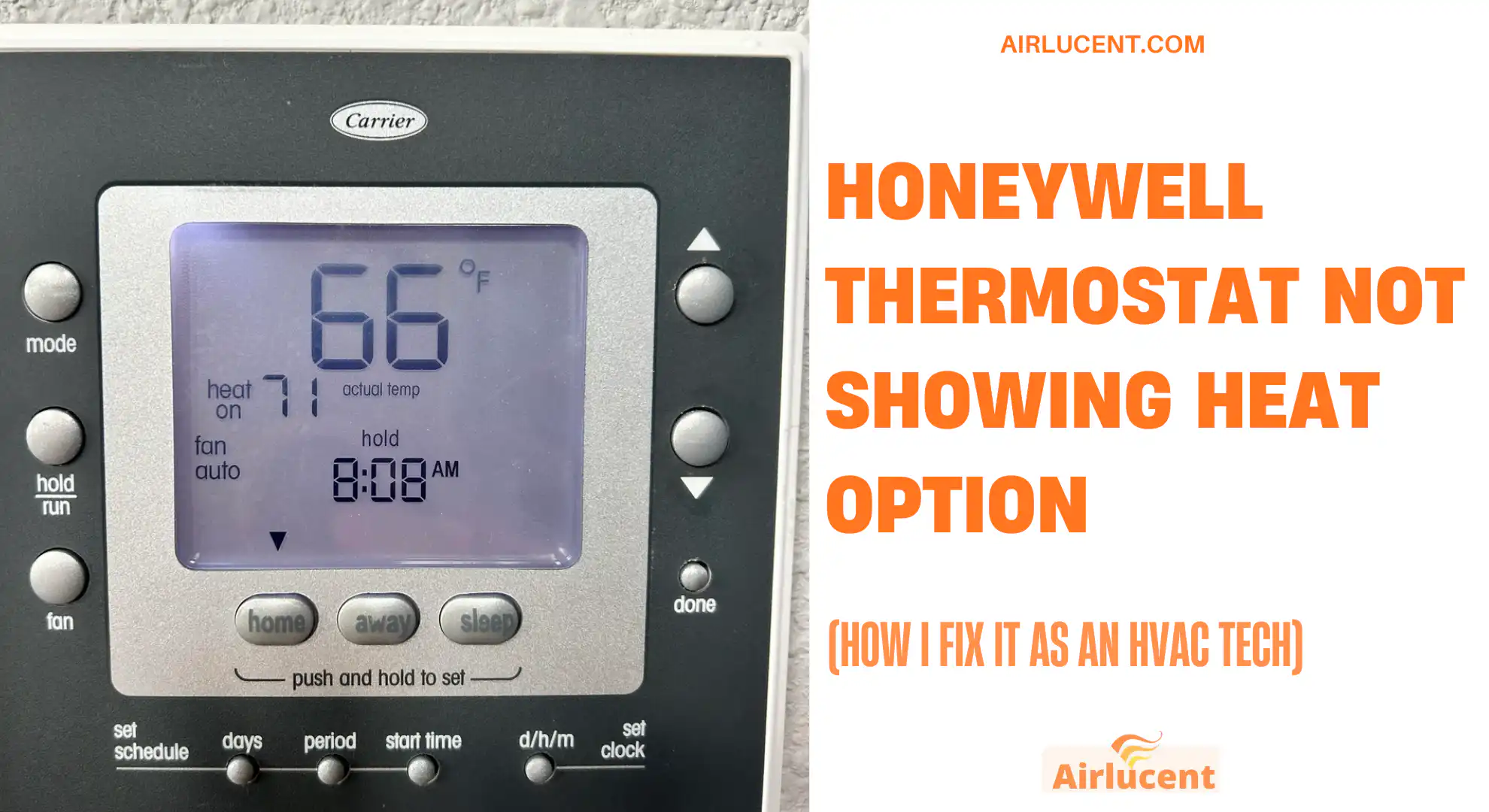 Honeywell Thermostat Not Showing Heat Option Hi, I’m Nathan. I’ve worked as an HVAC technician for over 10 years, and this is one of those issues I see a lot when homeowners install a new Honeywell thermostat or after a reset or power outage. When your Honeywell thermostat is not showing the Heat option, it almost always means one of two things: The thermostat thinks your system is cool only because of how it’s configured in Advanced Setup 1. The thermostat is not detecting a heating wire (usually W or W1, or on heat pumps O B and AUX) The good news is you can usually fix this in 10 to 30 minutes with basic checks. Quick fix (the most common solution) If Heat disappeared from the Mode menu, go into Advanced Setup (ISU) and make sure the System Type is not set to Cool Only. Then confirm your heating wire is landed securely on W or W1 (or your heat pump terminals). I’ll walk you through both, step by step. Before you touch anything (2 safety and success tips) 1. Turn off power to your HVAC system at the breaker or the furnace switch before checking wiring. Most thermostat wiring is low voltage (typically 24 volts), but you can still blow a fuse on the control board if you short wires. 2. Take a photo of your current wiring before you move any wire. This saves you if a wire slips back into the wall. Why the Heat option disappears on Honeywell thermostats Honeywell thermostats decide which modes to show based on: * How the thermostat is configured (system type and equipment type) * Which wires it detects on the wall plate * Sometimes on smart models, firmware and app settings Common Honeywell models where I see this This can happen on many models, including: * Honeywell Home T9, T10 * Honeywell Lyric * RTH series like RTH6500, RTH7500 * Honeywell Pro Series models (T4 Pro, T6 Pro) Menus differ slightly, but the logic is the same. Troubleshooting checklist (fastest path) Use this table like a flow chart. Start at the top. What you see Most likely cause What I do first Mode menu shows Cool and Off only Advanced Setup set to Cool Only or None Reconfigure System Type in Advanced Setup Heat is missing right after installation W wire not connected or not detected Check W or W1 connection at thermostat Heat is missing after a power outage Glitched settings or power interruption Soft reset, then verify configuration Thermostat is on but HVAC does nothing Furnace power off, blown low voltage fuse Check furnace switch, breaker, and control board fuse Heat pump home, Heat missing or weird Incorrect heat pump setup (O B, AUX, compressor stages) Confirm Heat Pump system type and wiring Step 1: Confirm the thermostat is actually calling for heat This sounds basic, but it matters. 1. Make sure you are in the right Mode * Tap Mode (or System) * Look for Heat * If Heat is missing, move to Step 3 (Advanced Setup) If Heat exists but the house is not warming: * Set the thermostat 5 degrees above room temperature * Wait a couple minutes (some systems have built-in delays) 2. Check power to the HVAC equipment Even if the thermostat screen is on, your furnace or air handler might be off. Check: * HVAC breaker is on * Furnace switch (looks like a light switch near the furnace) is on * Furnace door is properly closed (many have a door safety switch) Step 2: Do a quick reset (I do this before deeper steps) A reset clears small software hiccups and can bring the Mode options back. Soft reset (safe and quick) * Pull the thermostat off the wall plate (if it’s the pop-off type) * Wait 10 seconds * Snap it back on Factory reset (use if settings got scrambled) This varies by model, but often: * Settings menu * Reset * Factory reset Note: A factory reset can erase schedules, Wi-Fi settings, and equipment configuration, so be ready to reconfigure afterward. Step 3: Reconfigure Advanced Setup (this is the main fix) If your thermostat is configured as Cool Only, it will hide the Heat option because it assumes you have no heating equipment. On many Honeywell models this is under: * Menu * Advanced Setup (or ISU) * Modify configuration How I navigate it on most touchscreen Honeywell models 1. Tap Menu (often three horizontal lines) 2. Scroll to Advanced Setup (or ISU / Installer Setup) 3. Tap Modify configuration 4. Step through until you see System Type and Equipment Type 5. Set them to match your real system 6. Tap Done to save The two settings that matter most On some Honeywell families (especially newer Pro style menus), you’ll see items similar to these. Function (common label) Setup name What to choose 2000 System type Conventional forced air heat, Heat pump, Radiant, or Cool only 2010 Equipment type Gas, oil, electric, fan coil, geothermal, steam, etc My practical guidance (choose based on what you have) Use this as a real-world cheat sheet: Your home has System Type should be Equipment Type usually is Gas furnace with AC Conventional Standard efficiency gas or high efficiency gas Electric furnace or air handler with heat strips Conventional Electric forced air Heat pump (outdoor unit heats and cools) Heat pump Air to air (most common) or geothermal Boiler with baseboard radiators Radiant Hot water radiant You truly have no heat equipment Cool only None If you select the right system type and equipment type, the thermostat should immediately offer Heat in Mode. Reference: Honeywell and Resideo installation manuals describe this exact behavior, where installer setup determines what modes are available. One commonly referenced document is Resideo TechLit 33-00478 (model-family dependent), which covers installer setup logic and configuration options. Step 4: Check thermostat wiring (most common physical cause) If configuration is correct but Heat still doesn’t show, the thermostat likely is not detecting the heating circuit. Turn off power first Flip the breaker off to the furnace or air handler. Remove the thermostat from the wall plate You should see terminals with letters. The heating terminal is usually: * W or W1 for conventional heat * O/B and often AUX/E for heat pumps (depends on system) What I look for right away * A wire not fully inserted (very common) * A conductor that broke when the thermostat was pushed on * Loose terminal clamp screw * Wire insulation pushed into the terminal instead of bare copper Typical thermostat terminal roles Terminal Typical job Notes R, Rc, Rh 24V power Many systems use a single R. Some need Rc and Rh separated C Common Often required for smart thermostats W or W1 Heat call If this isn’t connected on conventional systems, Heat may disappear Y or Y1 Cooling call Compressor contactor signal G Fan Indoor blower command O/B Heat pump reversing valve O and B differ by brand and setup AUX/E Auxiliary or emergency heat Common on heat pumps Thermostat wire colors (common but not guaranteed) In the field, colors are often consistent, but I never trust color alone. I trust the terminal labels and the furnace control board. Common color Often connected to What it usually means Red R 24V power White W Heat call Yellow Y Cooling call Green G Fan Blue or black C Common Important: If you moved wires by color instead of by terminal letters when replacing a thermostat, it’s easy to end up missing W, which leads to missing Heat mode. Jumper between Rc and Rh If your thermostat has Rc and Rh and your system uses one transformer (most homes do), you may need: * A built-in jumper (some models have it automatically) * Or a physical jumper wire depending on model If Rc and Rh are not correctly handled, you can get weird mode availability or system response. Step 5: Check the furnace or air handler control board (when thermostat wiring looks fine) If the thermostat is wired correctly but still acts like there is no heat, the issue may be on the equipment side. What I check: * The thermostat cable is connected to the control board terminals (R, C, W, Y, G) * The low voltage fuse on the board (often 3A to 5A automotive-style blade fuse) * Any loose splice connections near the furnace If you are not comfortable here, this is a good point to call a technician. It’s easy to accidentally short R to C and pop the fuse. Step 6: Smart thermostat firmware and app settings (T9, T10, Lyric) If you have a smart Honeywell Home thermostat: * Open the Honeywell Home app * Check for firmware updates * Confirm the thermostat is enrolled correctly and that system settings reflect your equipment type Firmware issues are not the most common cause, but I have seen updates resolve missing options or odd Mode behavior. Step 7: Compatibility and special system setups (where homeowners get stuck) Heat pump with backup heat If you have a heat pump and it’s configured as conventional (or wired incorrectly), Heat may disappear or behave incorrectly. Common mistake: * O/B not connected or configured wrong * AUX/E not configured even though you have heat strips Zoned systems If you have a zone controller, the thermostat may not be the “boss.” The zone panel or master controller can restrict available modes. I’ve fixed a few cases where: * The zone panel was set to cooling only * A separate controller was locking out heat When I recommend calling a pro Call an HVAC tech if: * You smell gas or suspect a combustion issue * The furnace keeps tripping the breaker * You find a blown control board fuse and it blows again after replacement * You have a dual-fuel system (heat pump plus gas furnace) and are not sure how it’s staged * You are not comfortable verifying 24V control wiring safely FAQ: Honeywell thermostat heat option missing Why does my Honeywell thermostat only show Cool and Off? Most often the thermostat is configured as Cool Only in Advanced Setup, or it does not detect a W wire (or heat pump wiring). Fix by correcting the installer setup and confirming wiring connections. Will a factory reset bring back Heat mode? Sometimes, yes. But if the thermostat resets back to Cool Only or still doesn’t detect W, the Heat option will disappear again until the configuration and wiring match your system. I connected the wires but Heat still doesn’t show. What now? Recheck: * The wire is inserted fully and clamped * The correct terminal (W/W1 or O/B and AUX for heat pump) * The furnace control board connections and fuse * Advanced Setup system type and equipment type Does low battery cause Heat to disappear? Low battery can cause display glitches or erratic behavior on battery models, but in my experience it’s more likely to cause the thermostat to stop controlling properly rather than hide Heat entirely. Still, if your model uses batteries, replace them as a quick test. Final thoughts (what I’d do in your house) If you told me “Nathan, my Honeywell thermostat isn’t showing Heat,” I’d do this order every time: 1. Check Mode and do a quick reset 2. Go straight to Advanced Setup and confirm it is not set to Cool Only 3. Confirm W or W1 is securely connected (or O/B and AUX on a heat pump) 4. If still missing, check the furnace control board wiring and fuse