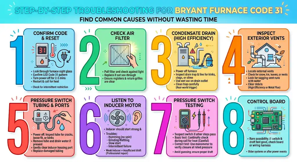 Step-by-step troubleshooting for Bryant furnace Code 31 (my real-world order)