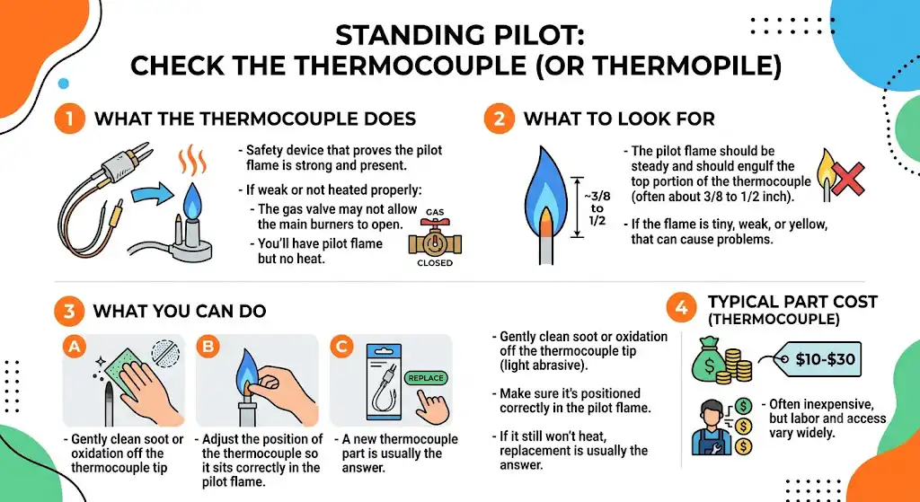 If you have a standing pilot: check the thermocouple (or thermopile)