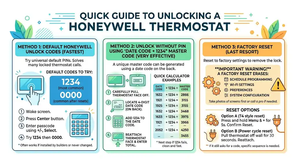 Method 1: Try the default Honeywell unlock codes (fastest)