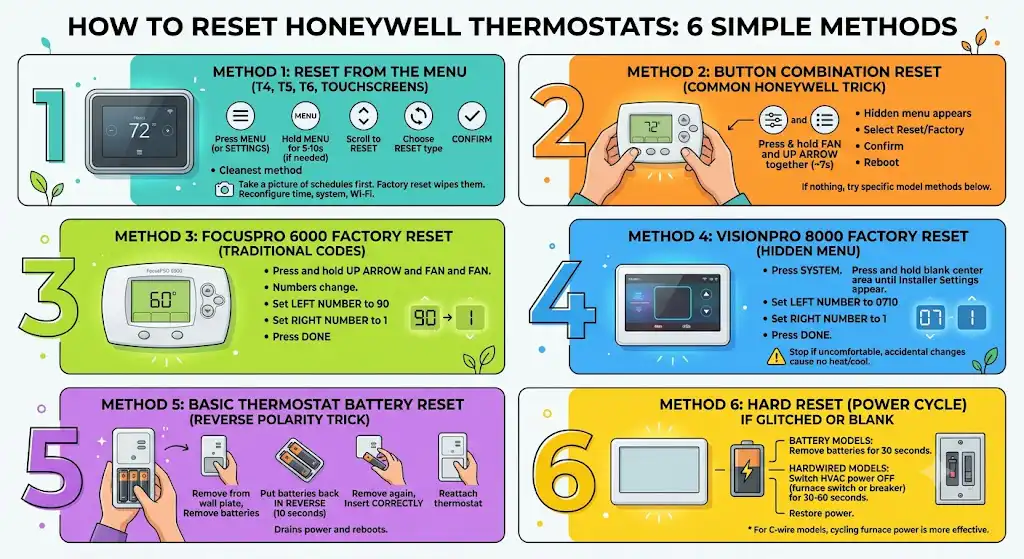 Reset Methods by Honeywell Thermostat Type (Most Common Models)
