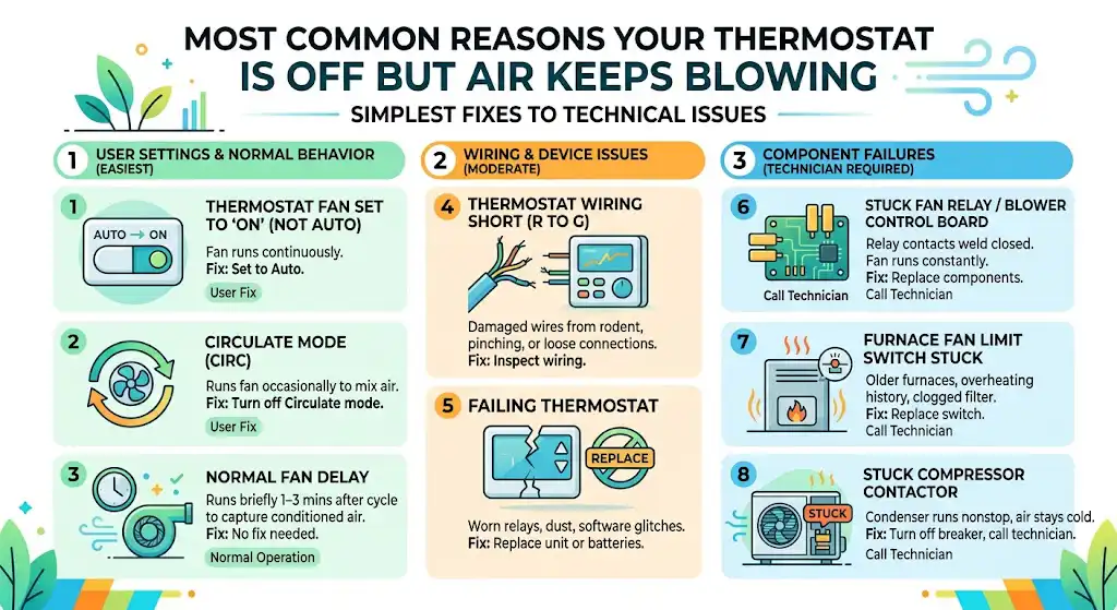 Most common reasons your thermostat is off but air keeps blowing