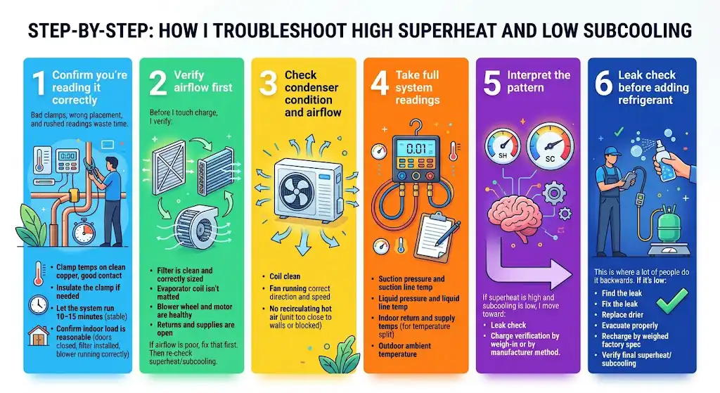 Step-by-step: how I troubleshoot high superheat and low subcooling