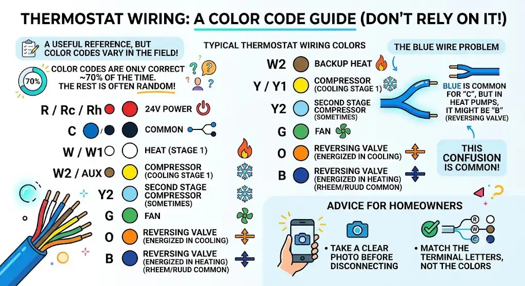 Thermostat wire color code (useful, but do not rely on it)