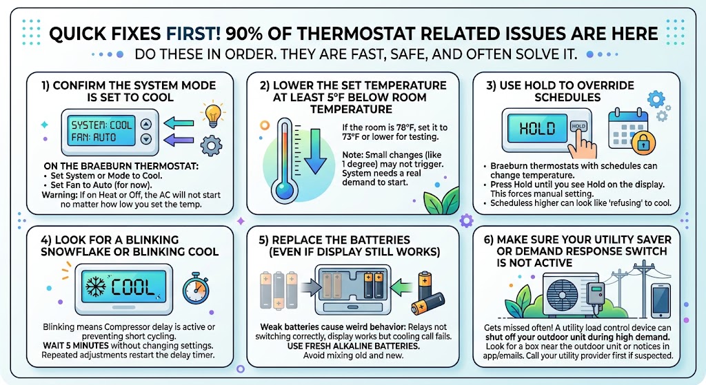 Quick fixes first. 90 percent of thermostat related issues are here