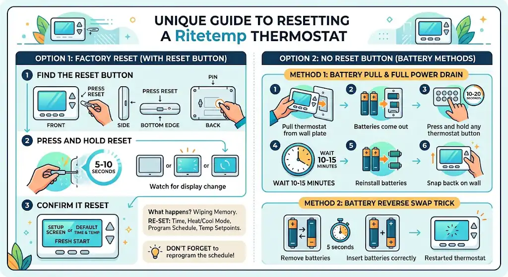 Option 1: Reset a RiteTemp thermostat with a reset button (most common)