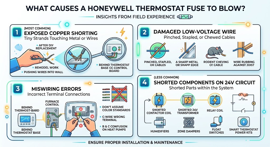 What usually causes a Honeywell thermostat fuse to blow