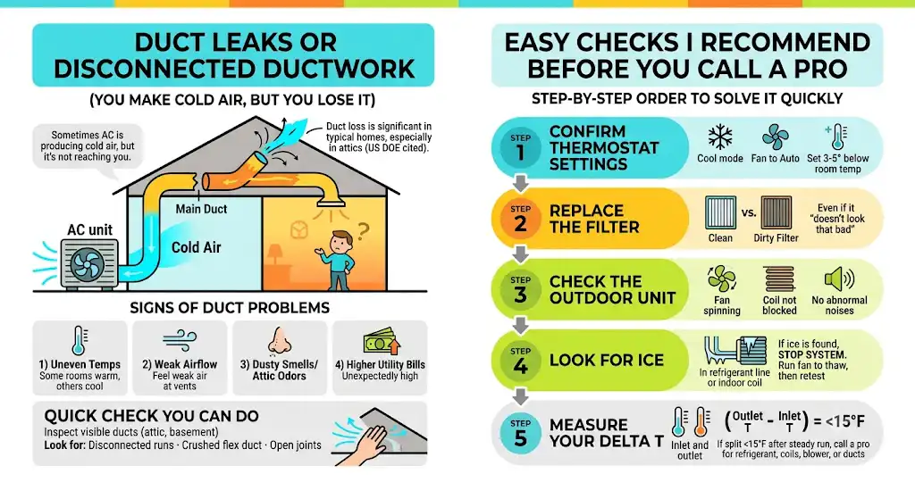 6. Duct Leaks or Disconnected Ductwork (You Make Cold Air, But You Lose It)