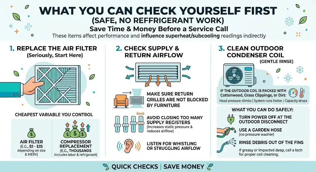 What you can check yourself first (safe, no refrigerant work)