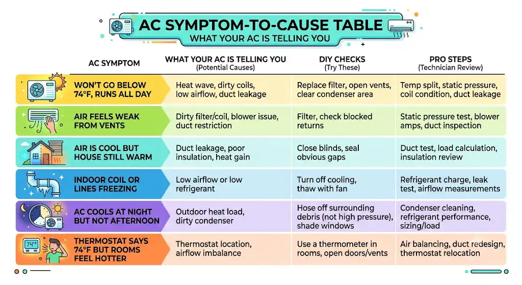 Symptom-to-Cause Table (What Your AC Is Telling You)