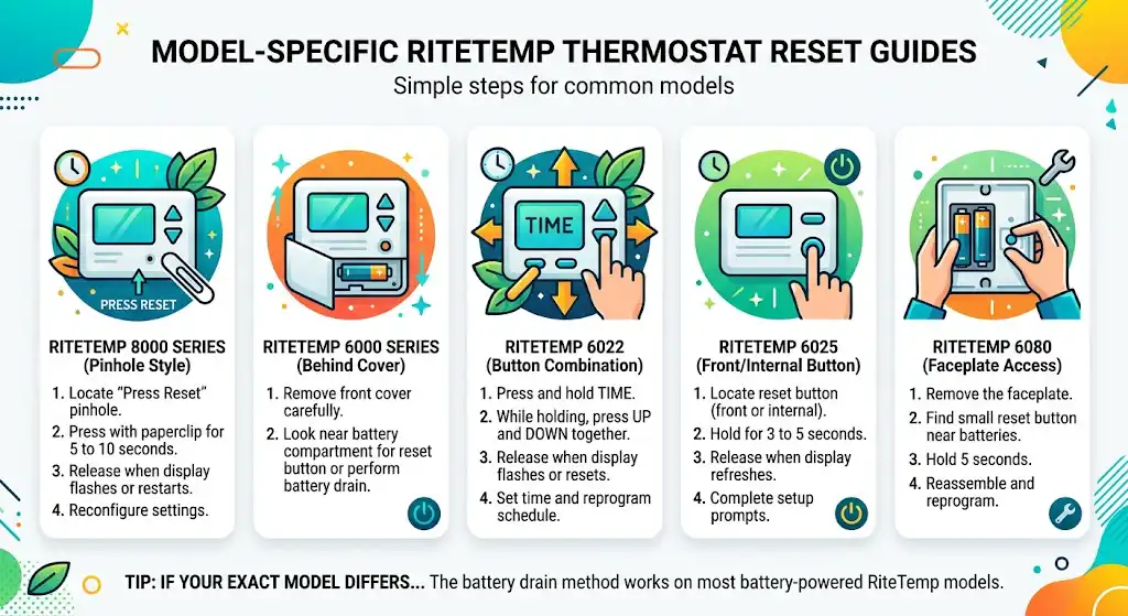 Model-specific reset instructions (common RiteTemp models)