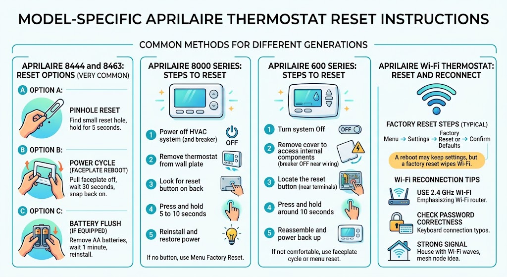 Model-specific reset instructions (most common Aprilaire types)