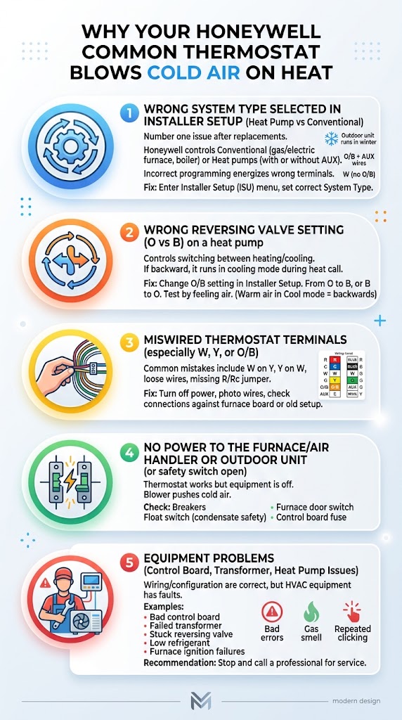 The 5 most common reasons a Honeywell thermostat blows cold air on Heat