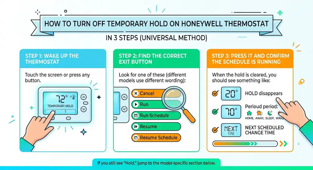 How to Turn Off Temporary Hold on Honeywell Thermostat in 3 steps (universal method)
