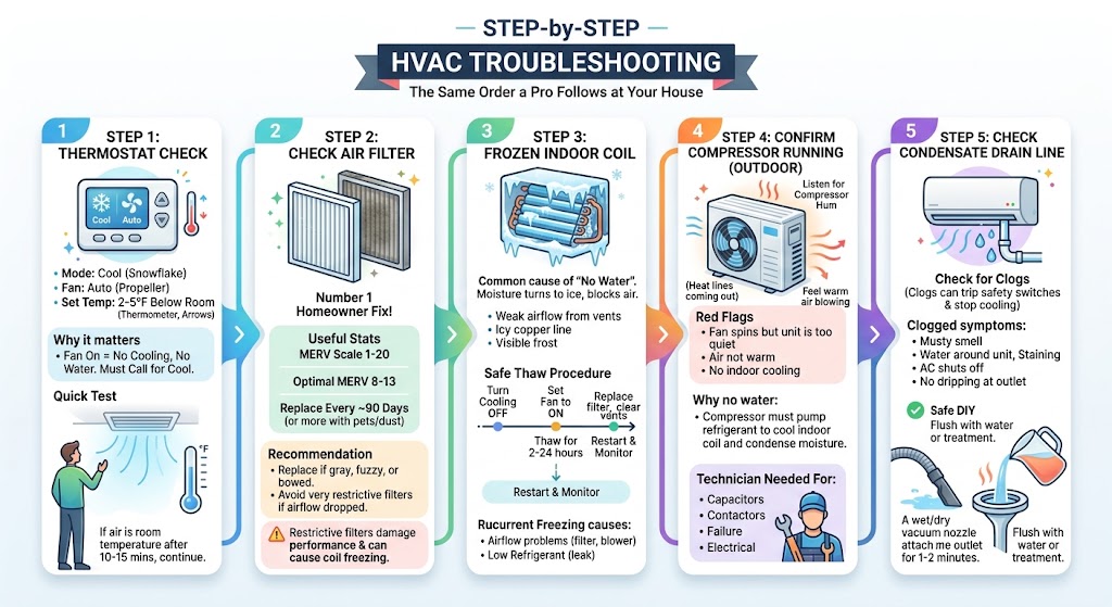 Step-by-step troubleshooting (the same order I’d do it at your house)